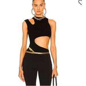 BALMAIN Paris Multi Cut Out Size L Noir Women's Ribbed Stretch Tank Top #CB5